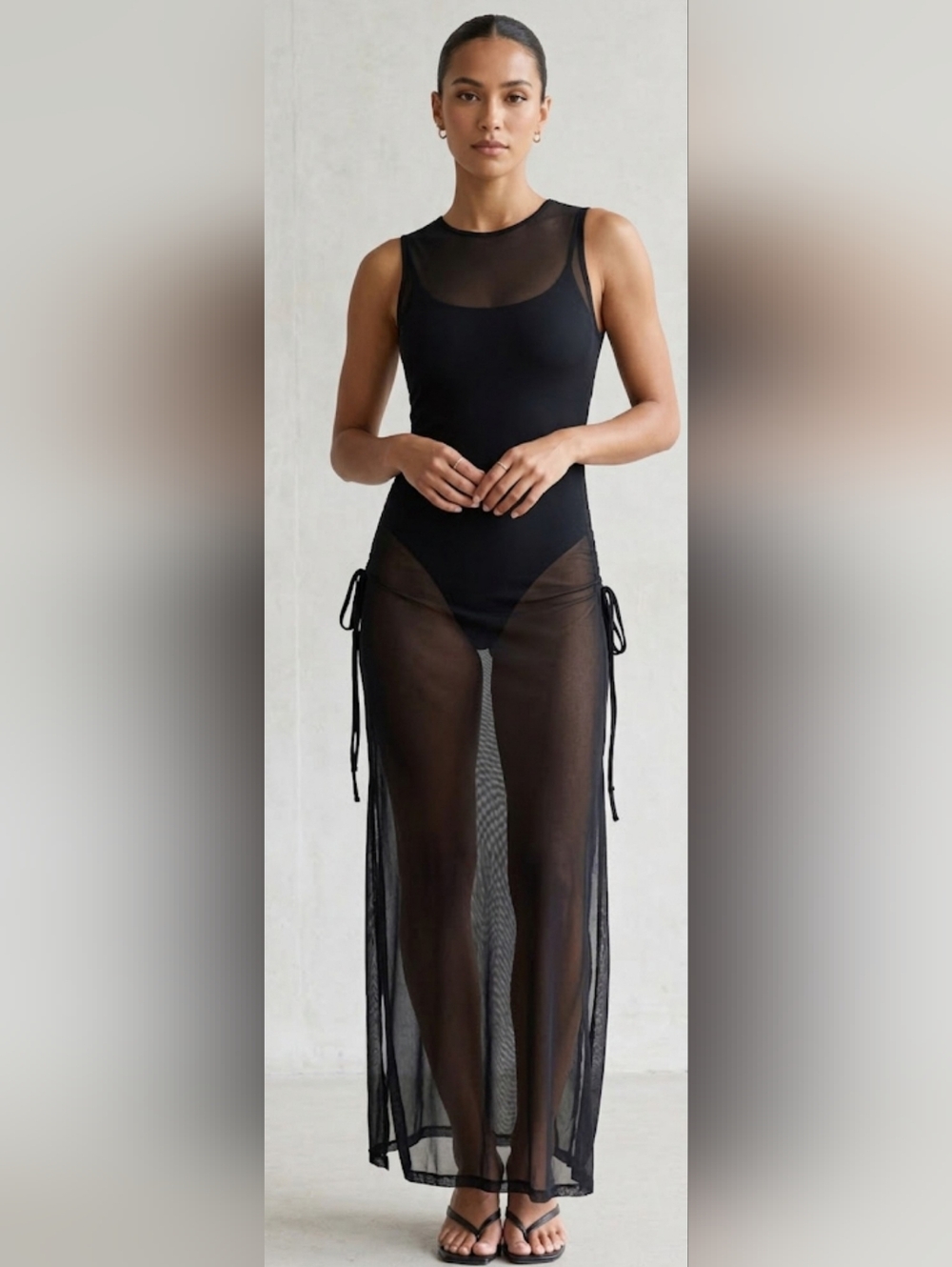 Black Sheer Mesh Sleeveless Maxi Dress with Adjustable Side Ties Size M